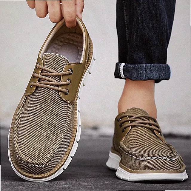 Male Handmade Canvas Shoes Lightweight Classic Walking Loafers Footwear Beige