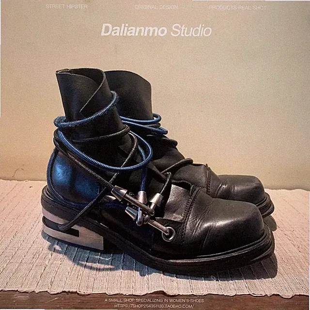 Men Genuine Leather Motorcycle Shoe Metal Chunky Heel Elastic Band Western Boots