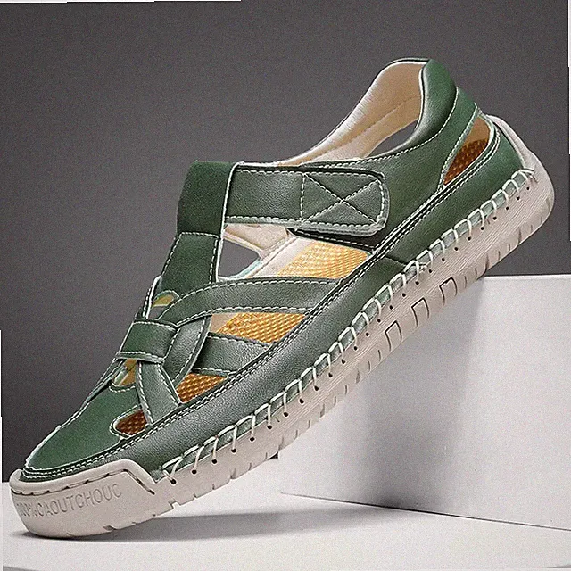 Men Leather Sandal Summer Slip-on Loafers Hollow Out Fashion Beach Leisure Shoes