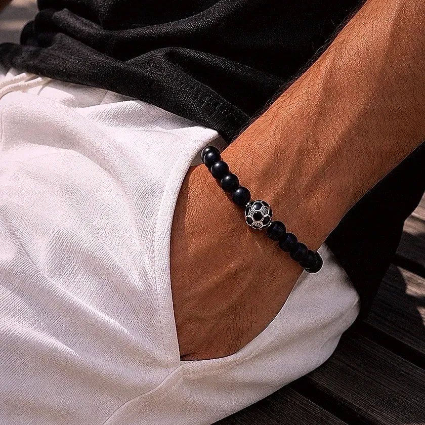 Men’s Black Beaded Soccer Bracelet – Gift for Soccer Player, Fan or Coach