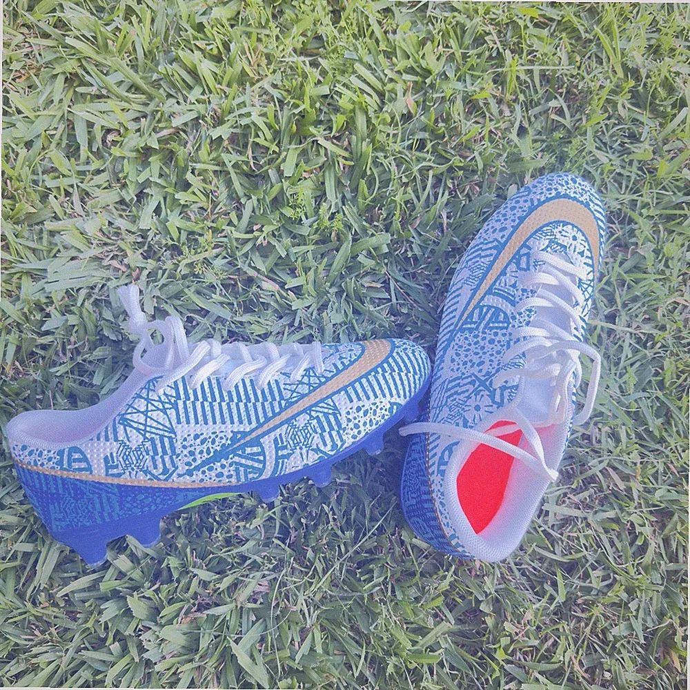 Men's Blue White Gold Lightweight Soccer Cleats Lace Up Synthetic Low Top