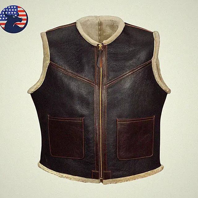 Men's Bomber C3 Aviator Genuine Sheepskin Real Shearling Fur Leather Vest
