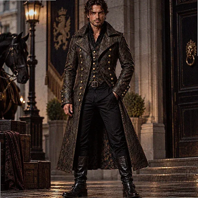 Men's Embossed Leather Trench Coat Steampunk Victorian Pirate Vampire Cosplay