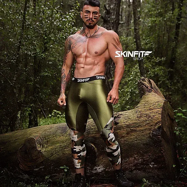 Men's Skinfit Camouflage Camo 3/4 Shiny Spandex Tights Compression Pants Small