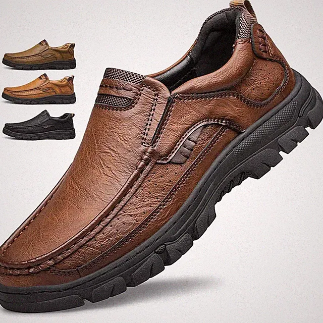 Men's Slip-On Casual Leather Shoes Round Toe Loafers Thick Bottom Dress Footwear