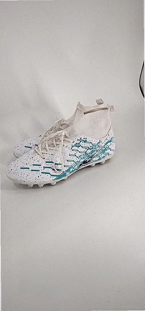 Men's Soccer Cleats Size 42 White Teal High Top Sock Ankle Support Football Shoe