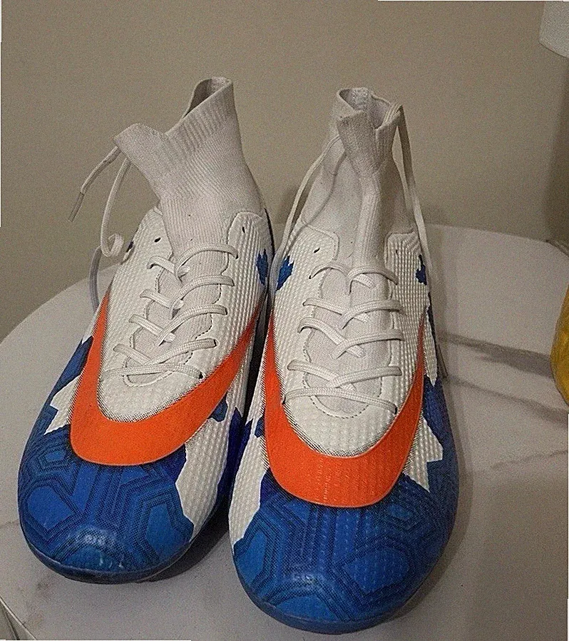 Men’s Soccer Cleats White Blue Orange High Top Football Boots EU 44 Size 10