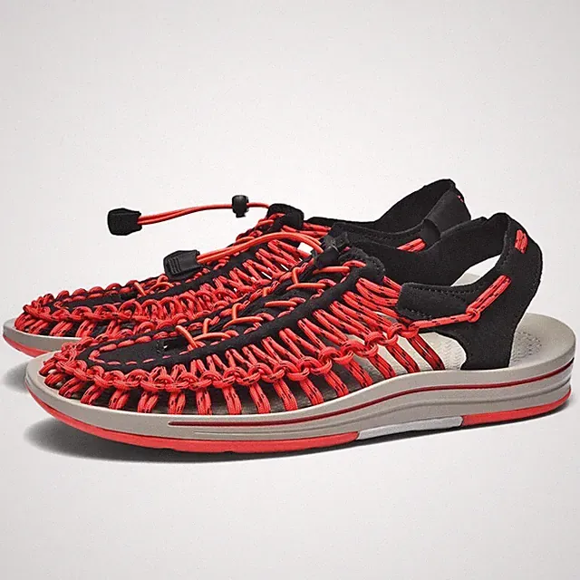 Men Sandals Fashion Weaving Beach Casual Flat Slippers Outdoor Walking Shoes Red