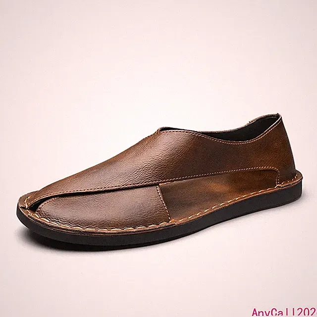 Men Sandals Handmade Leather Casual Shoes Slip-On Beach Loafer Wading Aqua Black