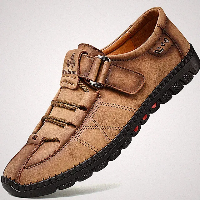 Men Split Leather Casual Shoes Hook Loop Loafers Flats Hiking Walking Sneakers