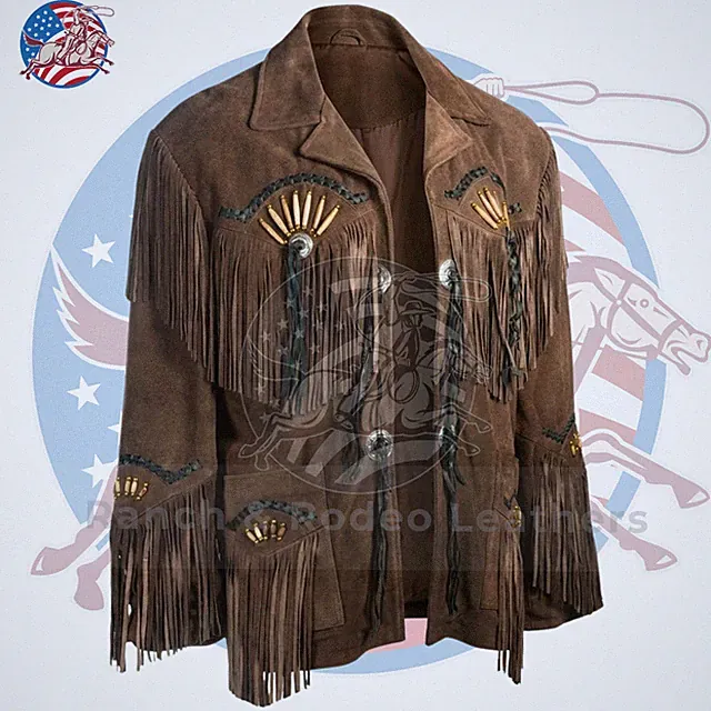 Mens Brown Suede Native American Fringe Leather Jacket Beaded Western USA