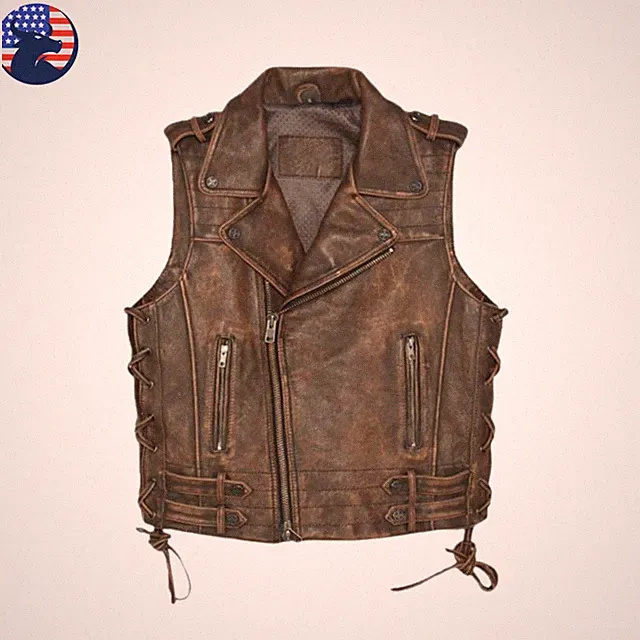 Mens Distressed Brown Leather Biker Vest Vintage Motorcycle Waistcoat Riding
