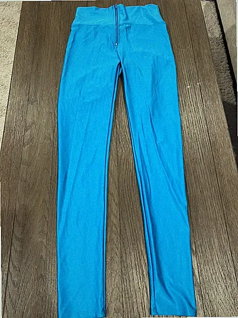Mens jock Silver Thin Shiny Spandex Tights Compression Pants L Zipper Turquoise