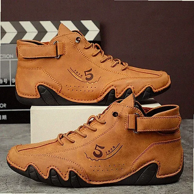 Mens Leather Casual Shoes High Top Non-slip Ankle Boots Walking Driving Sneakers