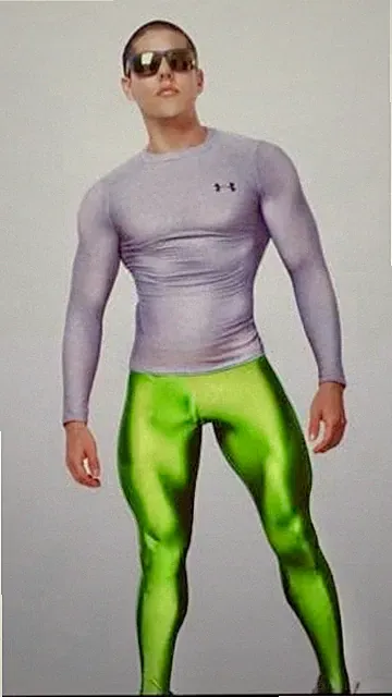 Mens Neon Green Thin Shiny Spandex Tights Compression Pants Large
