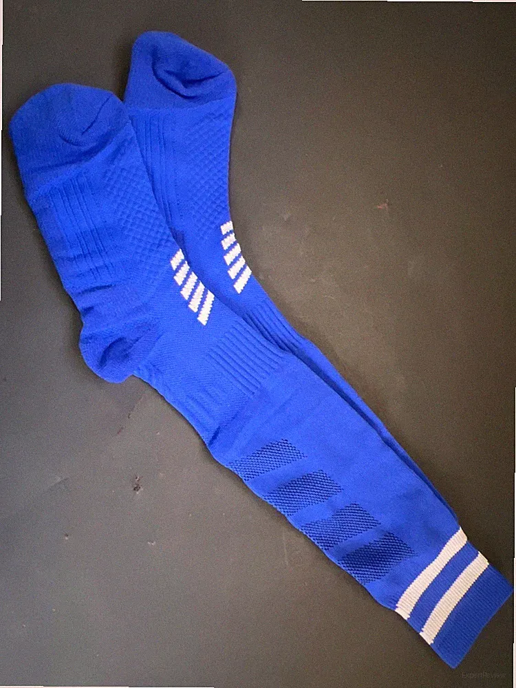 Mens Size 36-39 Blue Athletic Soccer Crew Socks w/ White Stripes & Mesh Paneling