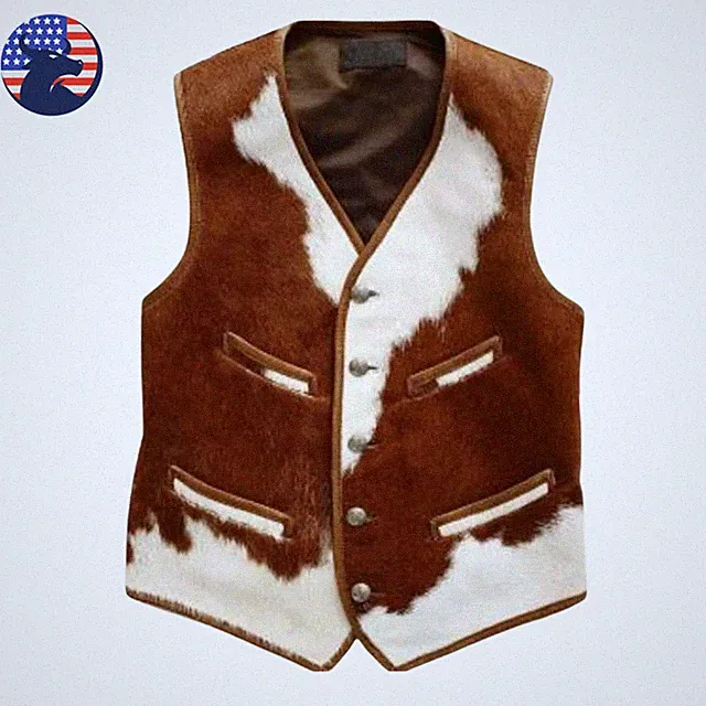 Mens Western Cowboy Brown Fur Leather Vest Cowhide Real Pony Hair Waistcoat