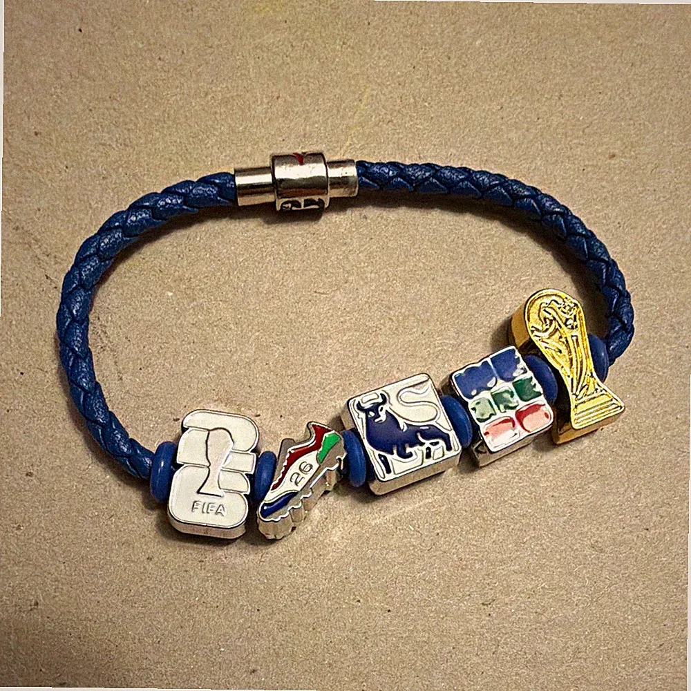Merrill Bull Soccer FIFA Charm Bracelet Blue Braided Strap Trophy Charm