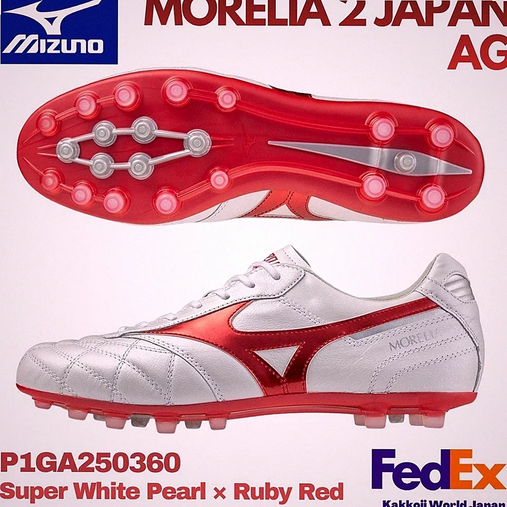 MIZUNO Soccer Cleats MORELIA 2 JAPAN AG Super White Pearl/Ruby Red P1GA250360