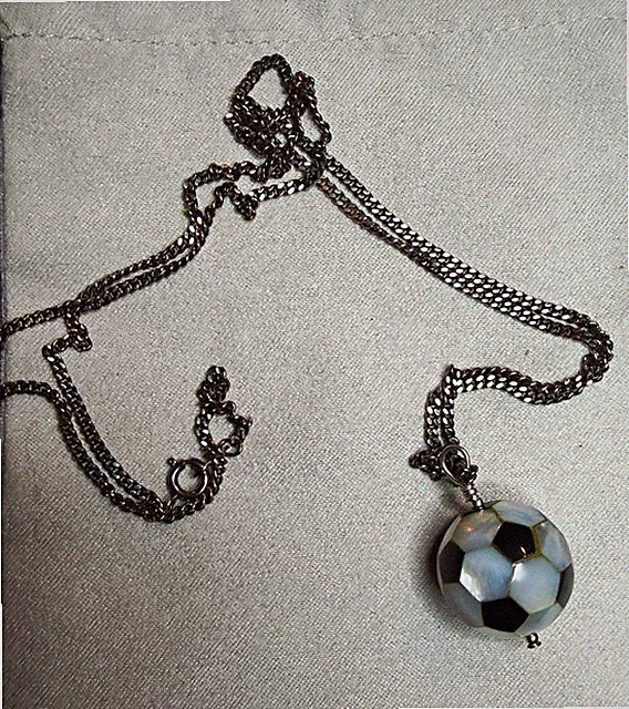 Mother of Pearl & Black Agate Mosaic Soccer Ball Pendant Necklace 12" Drop