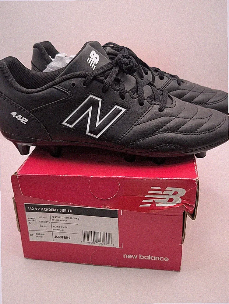 New Balance 442 V2 Academy JNR FG Kids Soccer Cleats Black White JS43FBK2 Size 6