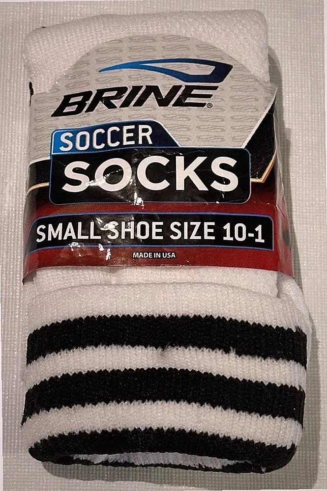 NEW BRINE SOCCER SOCKS KIDS SMALL SHOE SIZE 10-1 WHITE BLACK STRIPES