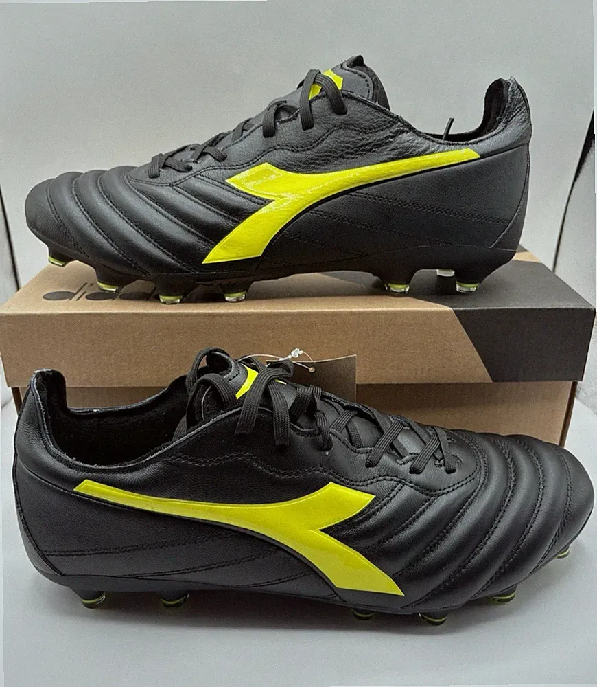 New Diadora Brasil Elite 2 FG Leather Soccer Cleats Black Yellow Mens Size 12.5