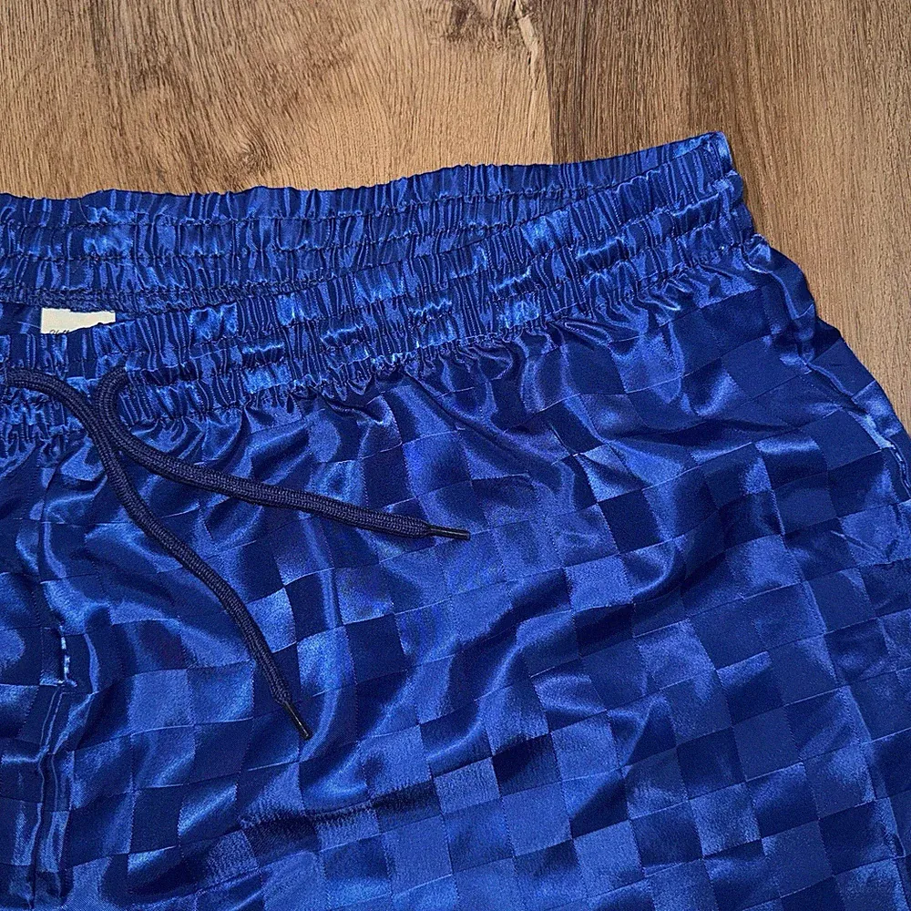 NEW Soccer Shorts Blue Checkered Shiny Glanz Nylon vtg 90s Yellowjackets Mens XL