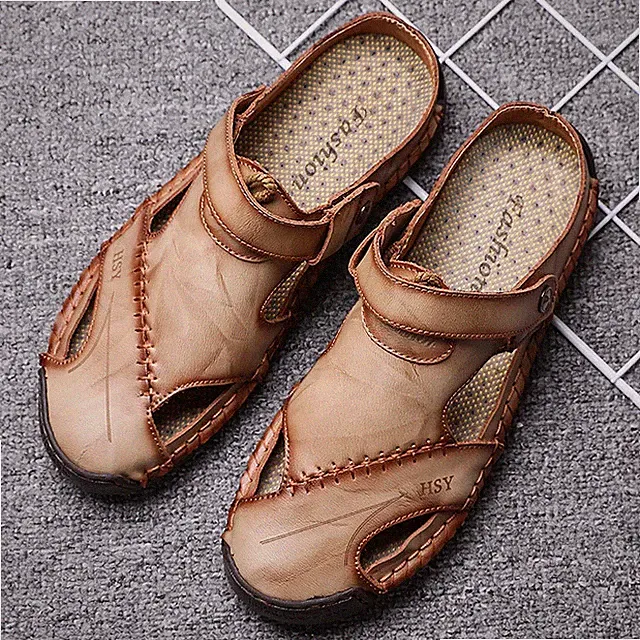 New Style Hand-Stitched Casual Bean Shoes Men Flat Bottom Leather Wading Sandals