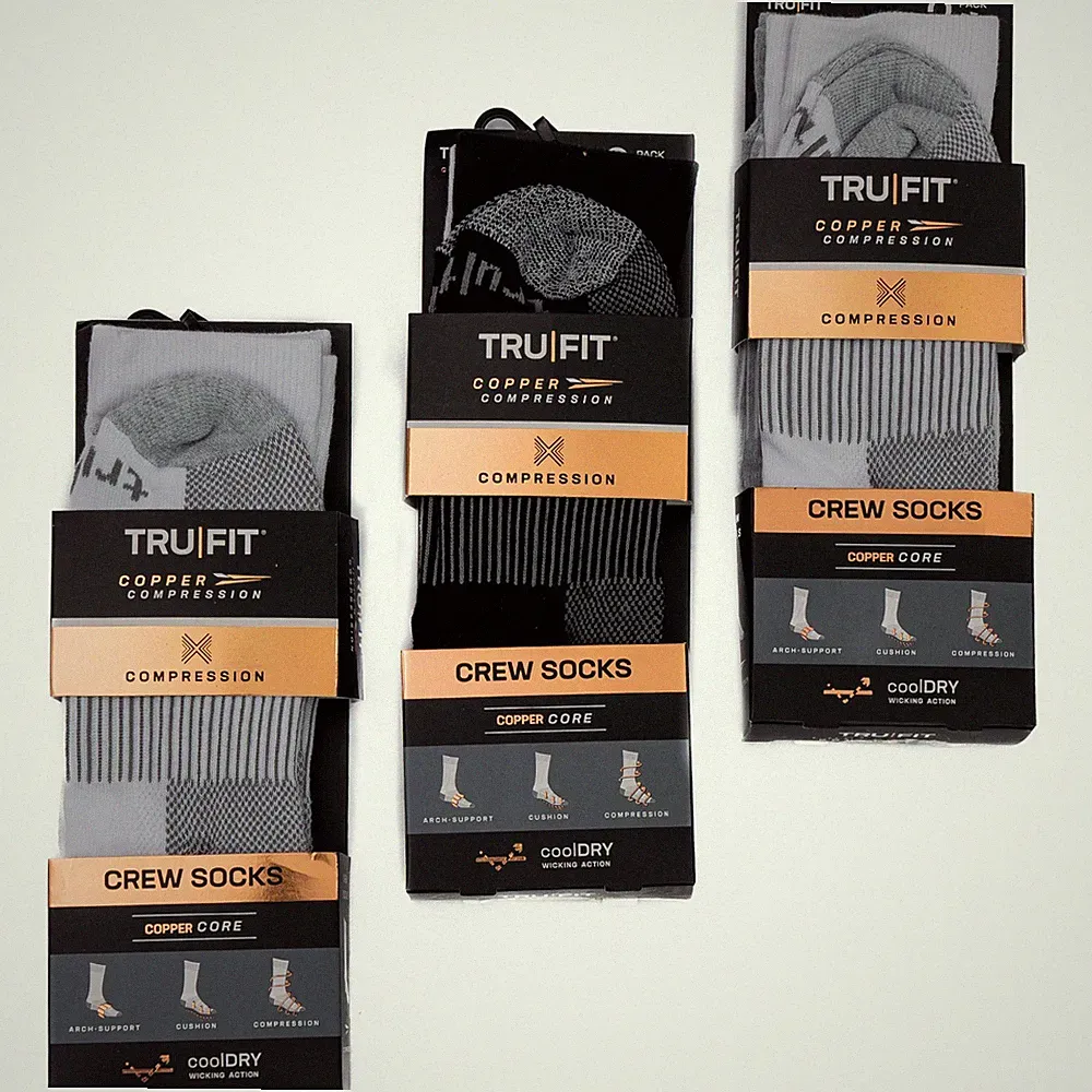 New TruFit Men's 2 Pack Arch Support Copper Compression Crew Socks Size 6-12