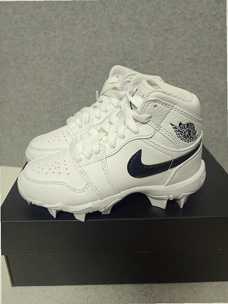 Nike Air Jordan 1 Mid Youth White Black Rubber Cleats Sz 10 C Football Baseball
