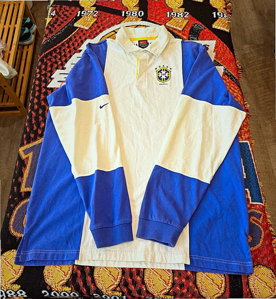 Nike Brazil National Soccer Team Long Sleeve Polo Shirt White/Blue XL