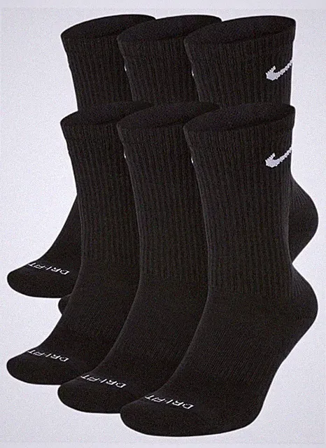 Nike Everyday Cushion Crew 6 Pair Socks Youth Boys 5y-7y Mens 6-8 Black Medium
