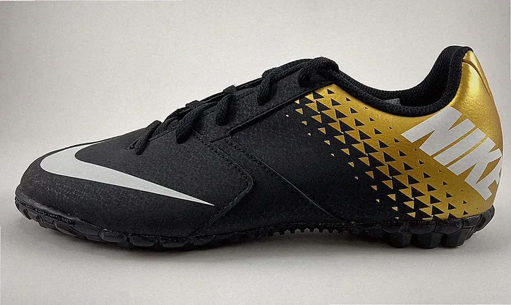 NIKE JR BOMBA BLACK/WHITE/GOLD TURF INDOOR SOCCER FOOTBALL BOYS KIDS YOUTH SIZES