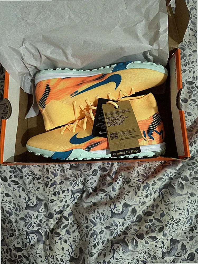 Nike Mercurial Superfly KM Mid Top Turf Soccer Shoes Lace-Up Orange Blue Academy