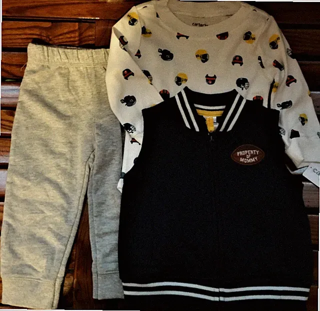 NWT Carter's 3 Pc Football Set, Gray & Navy, "Property of Mommy" Baby Boy 12 Mo