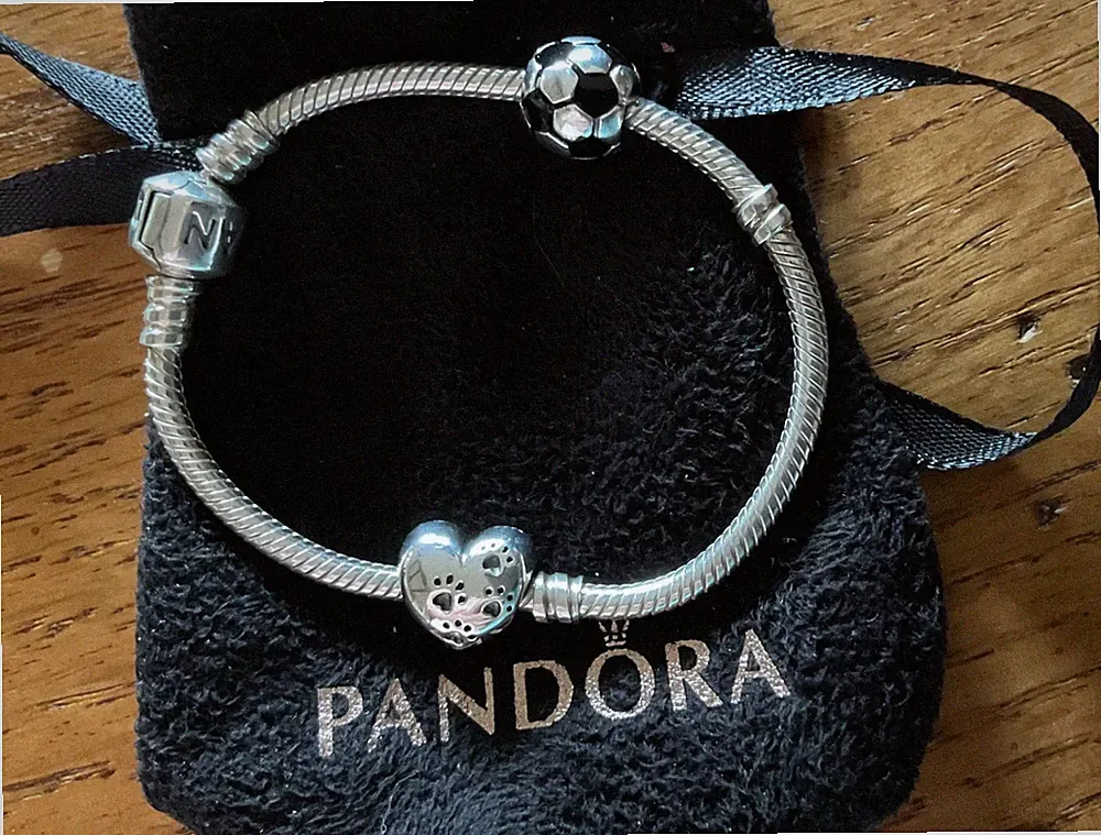 Pandora Bracelet 6 3/8” with retired My Sweet Pet and Soccer Ball, 925 ALE