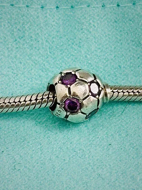 PANDORA Sterling Silver S925 Charm Soccer Ball with Amethyst Stones