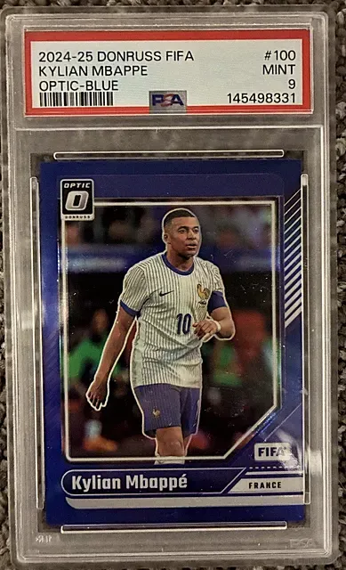 Panini Donruss FIFA 2024-25 Kylian Mbappé Optic Blue Prizm #100 /149 PSA 9