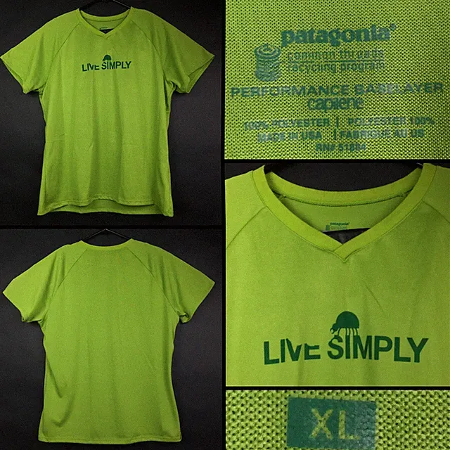 Patagonia Womens XL Green Performance Base Layer Capilene V-Neck Live Simply Tee