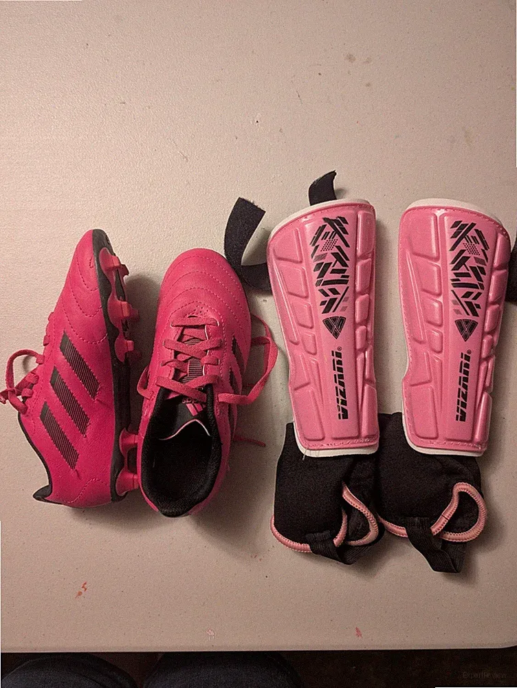 Pink Adidas Soccer Cleats Shoes Size 1.5 and Vizari Shin Guards medium for Girls