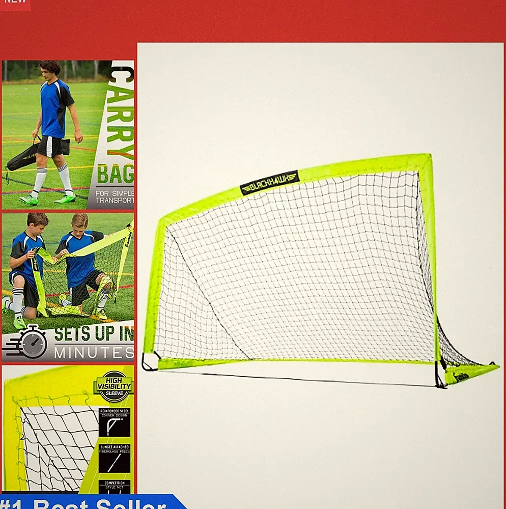 Portable Pop Up Soccer Goal 6x3.5 FT Fiberglass Frame Ground Stakes Carry Bag
