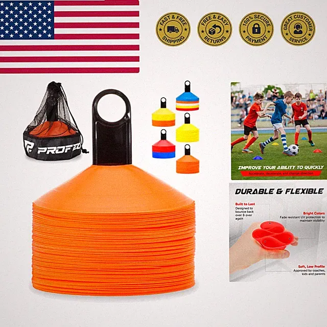 Pro Disc Cones Set of 50 - Agility Soccer Cones with Carry Bag and Holder for...