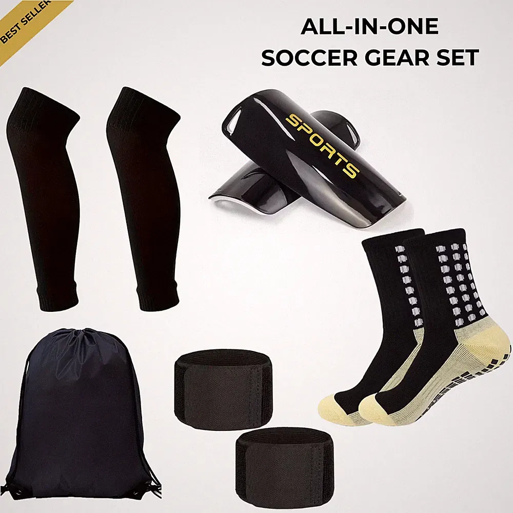 Pro Soccer Gear Set–Grip Socks, Shin Guards, Leg Sleeves, Ankle Straps, & Bag