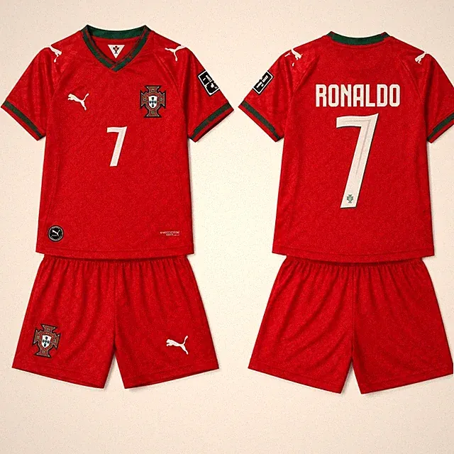 Prtugal Soccer Jersey Shorts Set #7 Red Youth Football Kit Sizes 22 24 26 28