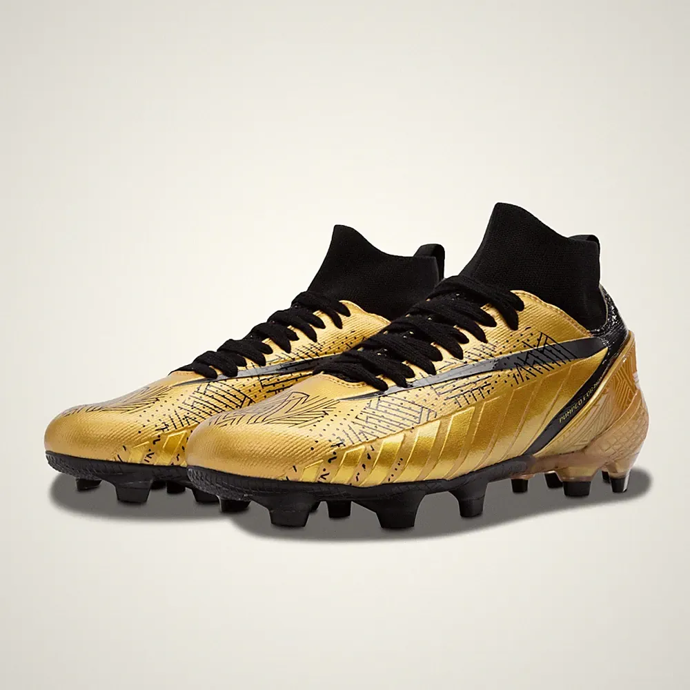 PTJ Black and Gold Soccer Cleats Mens Firm Ground Knit High Ankle Size 13