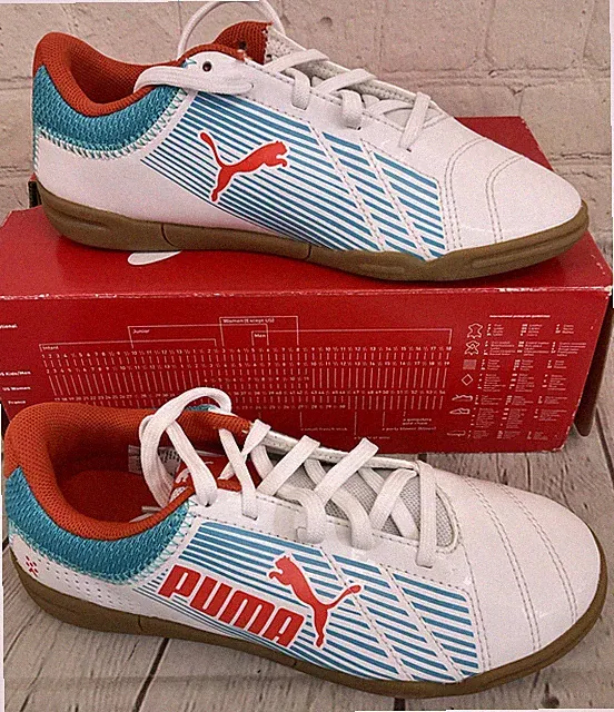 Puma 103194 01 Meteor Sala Youth Soccer Cleats White Scuba Blue Grenadine US 2.5