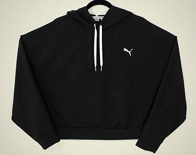 Puma Cropped Hoodie Sweatshirt Women's XL Black Logo Pullover Modern Athleisure