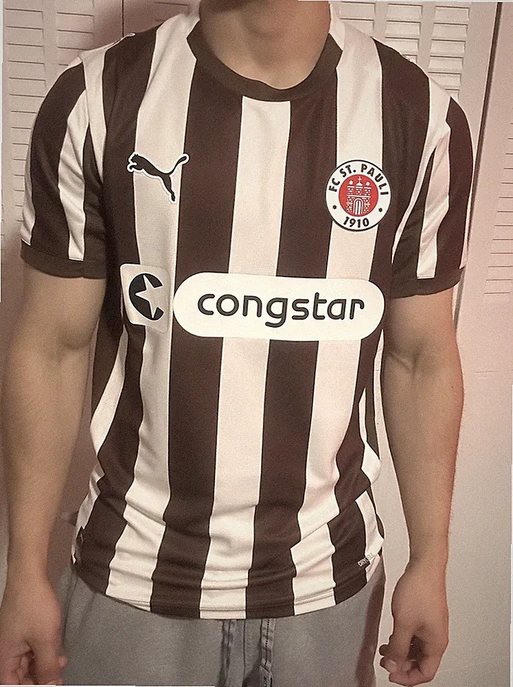 PUMA FC St. Pauli Soccer Jersey Brown/White Striped Congstar Sponsor
