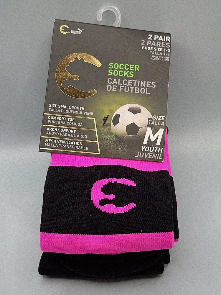 Puma Girls Youth M Small Soccer Socks 2-Pair Black Pink Arch Support Comfort Toe